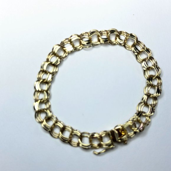 14K yellow gold patent Triple Link charm bracelet starter 7 1/4" x 8.7mm 10.6gm - Picture 2 of 8